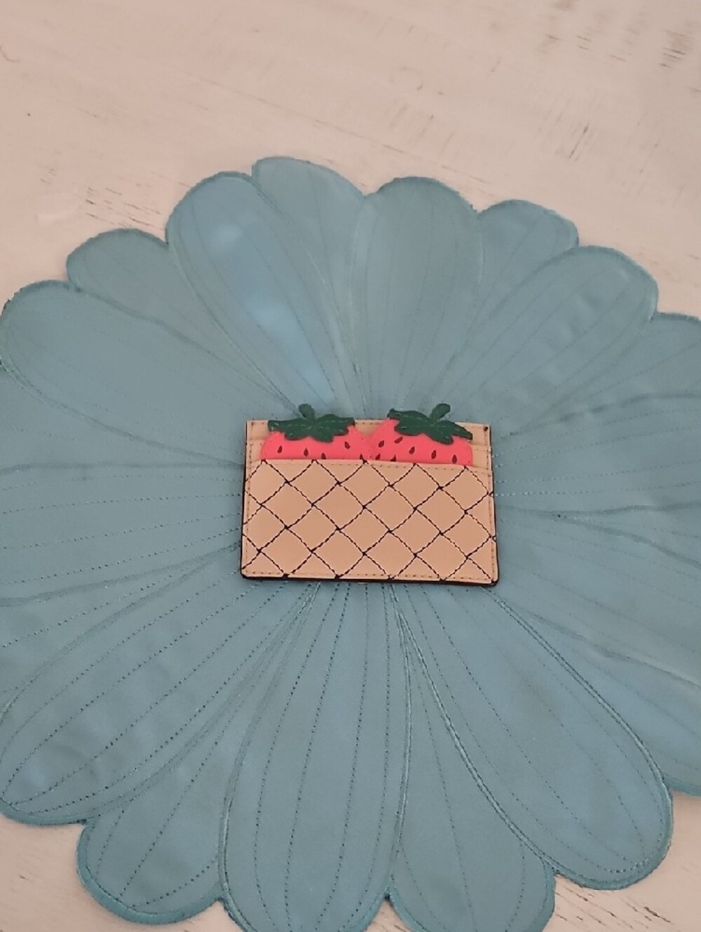 kate spade Beige Cardholder with Red Strawberry Appliqués and Green Leaves